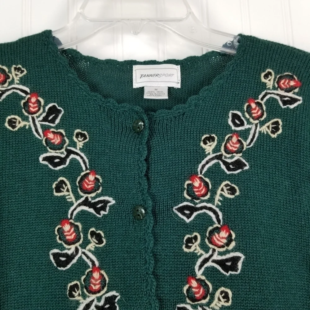Vintage Womens Wool Cardigan Sweater Size Medium Office Siren Green Embroidered